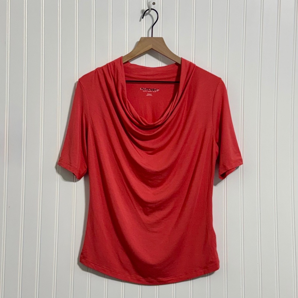 Soft Surroundings Top Medium Coral Red Cowl Neck Modal Minimalist Lagenlook NWOT